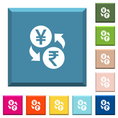 Yen Rupee money exchange white icons on edged square buttons