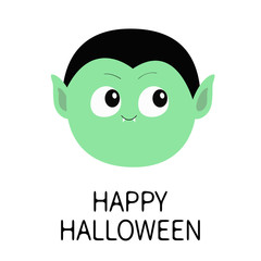 Happy Halloween. Zombie monster round face icon. Cute cartoon funny spooky baby character. Green head. Greeting card. Flat design. Orange background. Isolated.
