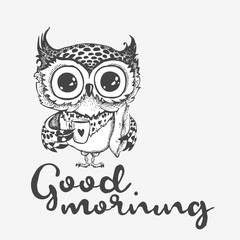 Hand drawn owl with cup of coffee.