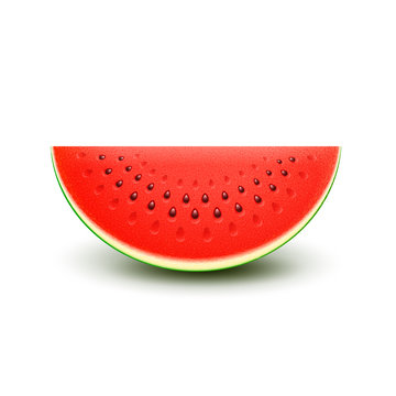 Watermelon sliced fruit juicy piece of cut isolated on white background. Vector realistic wedge of fresh ripe sweet watermelon fruit. 3d realistic icon