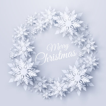 Vector Merry Christmas And Happy New Year Background With Christmas Wreath Made Of Realistic Looking Paper Cut Snowflakes. Seasonal Winter Holidays Greeting Card