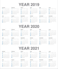 Year 2019 2020 2021 calendar vector design template
