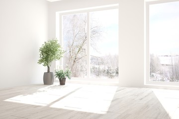 White empty room with winter landscape in window. Scandinavian interior design. 3D illustration