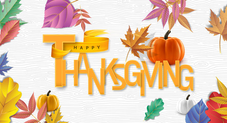 Happy thanksgiving day, autumn holiday background. Happy Thanksgiving Day. Vector Illustration with Hand Lettered Text. Happy Thanksgiving text with fall leaves
