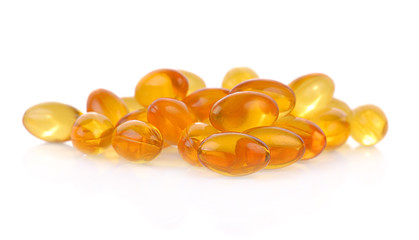Cod liver oil omega 3 gel capsules isolated on white