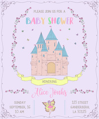 Baby shower invitation with castle, fairy, roses and butterflies. Fairy tale theme. Vintage vector illustration