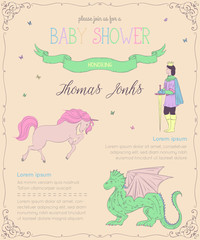 Obraz premium Baby shower invitation with prince, dragon, horse and butterflies. Fairy tale theme. Vintage vector illustration