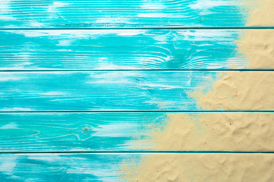Sea sand on blue wooden floor,Top view with copy space