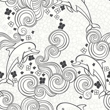 Abstract seamless  pattern with hydrangeas and dolphins, waves. Vector illustration on a sea theme.