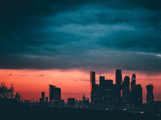 Moscow City, sunset and clouds