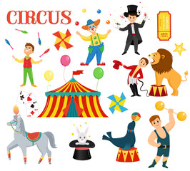 A set of colored circus artists. Circus performers perform tricks.Flat cartoon style. Vector illustration