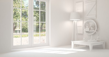 White empty room with summer landscape in window. Scandinavian interior design. 3D illustration