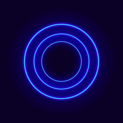 Vector Blue Neon Circles Blank Frame, Glowing Light, Illuminated.