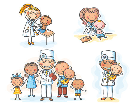 Family doctor with his patients, cartoon graphics, vector illustration