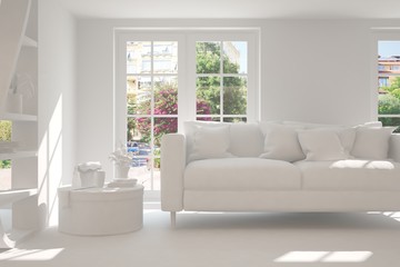 White room with sofa and green landscape in window. Scandinavian interior design. 3D illustration