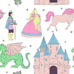 Seamless pattern with prince, princess, castle, dragon, fairy, horse. Fairy tale theme. Isolated objects. Vintage vector illustration 