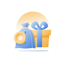 Present box, yellow reward gift, loyalty program, earn points, collect bonus, redeem special prize