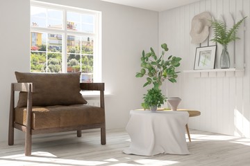 Idea of white room with armchair and summer landscape in window. Scandinavian interior design. 3D illustration