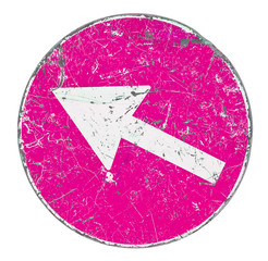 Arrow on old rusty pink road sign on white background for easy selection - obrazy, fototapety, plakaty
