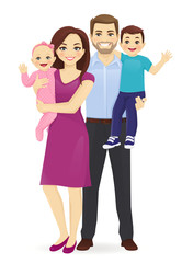 Fototapeta premium Parents with newborn baby and toodler boy vector illustration isolated. Happy family portrait. Mother and father with daughter and son