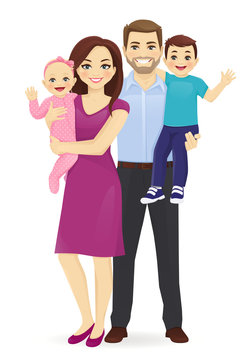 Parents with newborn baby and toodler boy vector illustration isolated. Happy family portrait. Mother and father with daughter and son