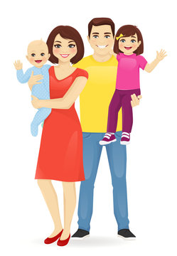 Parents with newborn baby and toodler girl vector illustration isolated. Happy family portrait. Mother and father with daughter and son