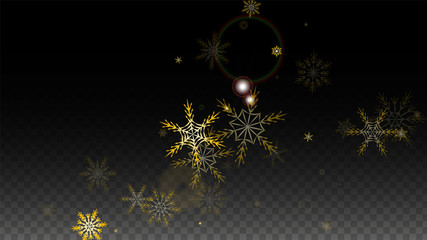 Christmas  Vector Background with Gold Falling Snowflakes Isolated on Transparent Background. Realistic Snow Sparkle Pattern. Snowfall Overlay Print. Winter Sky. Design for Party Invitation.