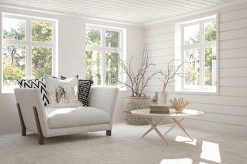 Idea of white room with armchair and summer landscape in window. Scandinavian interior design. 3D illustration