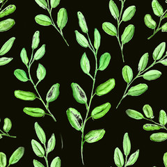 Seamless Realistic Watercolor Greenery Pattern. Hand Drawn Eucalyptus Leaves and Branches Print. Summer, Spring Forest Herbs, Plants Texture. Foliage in Vintage Style. Nature Eco Friendly Concept.