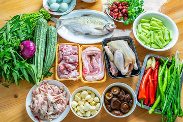 Fresh ingredients for cooking, vegetables and meat