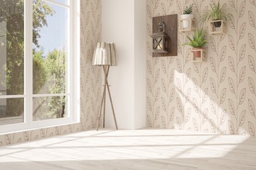 White empty room with summer landscape in window. Scandinavian interior design. 3D illustration