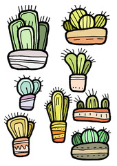 Hand drawn funny flat colorful cactuses in decorative pots isolated, hand drawn set.