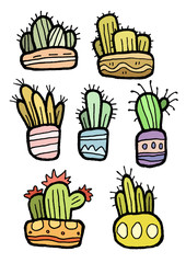 Hand drawn funny flat colorful cactuses in decorative pots isolated, set.