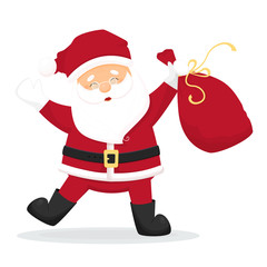 Dancing cartoon Santa Claus with bag with presents.l. Isolated on white background. Vector illustration