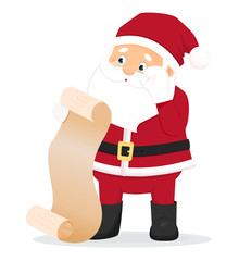 Cartoon Santa Claus with wish list. Isolated on white background. Vector illustration