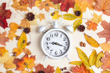 White alarm clock with autumn leaves, cones and acorns on light beige background.