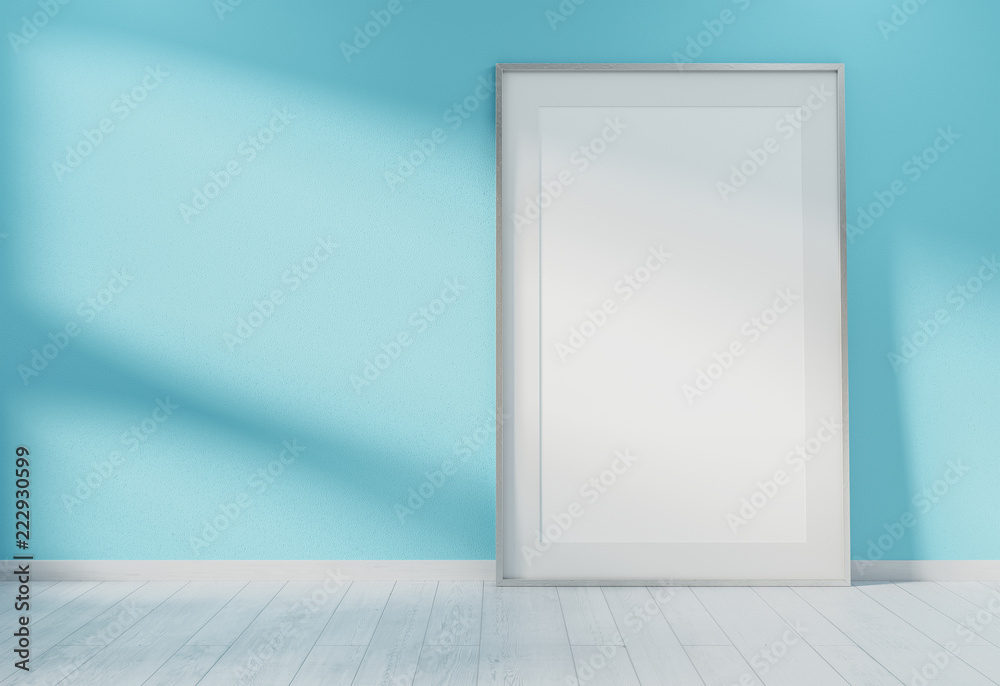 Poster large vertical frame leaning on a blue wall 3d rendering
