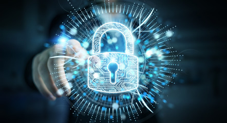 Businessman protecting his datas with digital security hologram 3D rendering