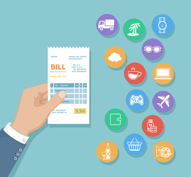 Bill in man hand. Set of service icons. Shopping, check, receipt, invoice, order. Paying bills. Payment of goods, services, utility, restaurant. Vector 