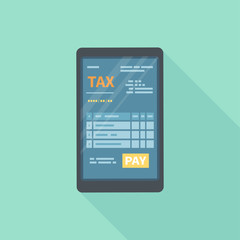 Tax form on the phone screen with magnifying glass. Online tax mobile payment via smartphone. Internet banking concept. Online paying, bookkeeping, accounting. Vector icon