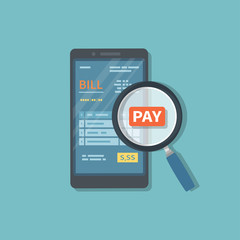 Bill on the phone screen with magnifying glass. Studying paying bill. Payment of goods,service, utility, bank, restaurant via phone. Invoice, check, receipt sign. Vector isolated.
