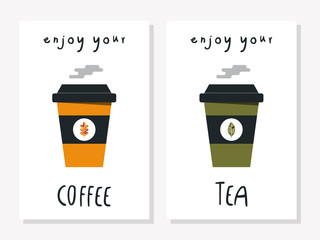Enjoy your coffee and tea card with autumn and fall style takeaway cup and custom text. Invitation symbol for restaurants or cafe shops.