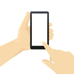 Hand holding mobile phone and touching blank screen vector illustration