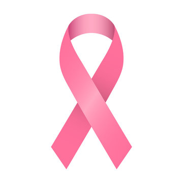 Pink ribbon for breast cancer awareness campaigns isolated on white.