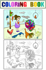 Obraz premium Childrens cartoon color the contact birds zoo. Bird picture book. Ornithology for the girl. Coloring, black and white