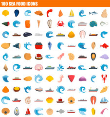 100 sea food icon set. Flat set of 100 sea food vector icons for web design