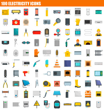 100 electricity icon set. Flat set of 100 electricity vector icons for web design