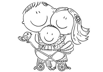 Happy family with a baby in a baby carriage, outline