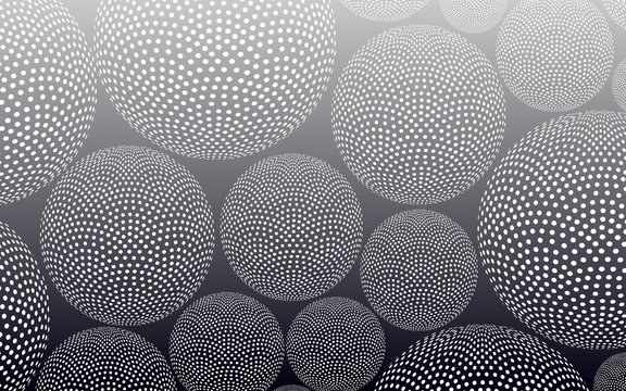 abstract background filled with dotted spheres in silver shades