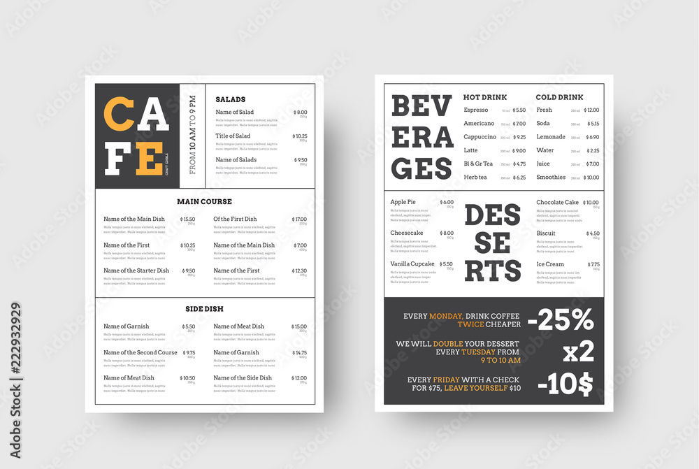Aufkleber vector design menu for cafes and restaurants with horizontal blocks for food and drinks.